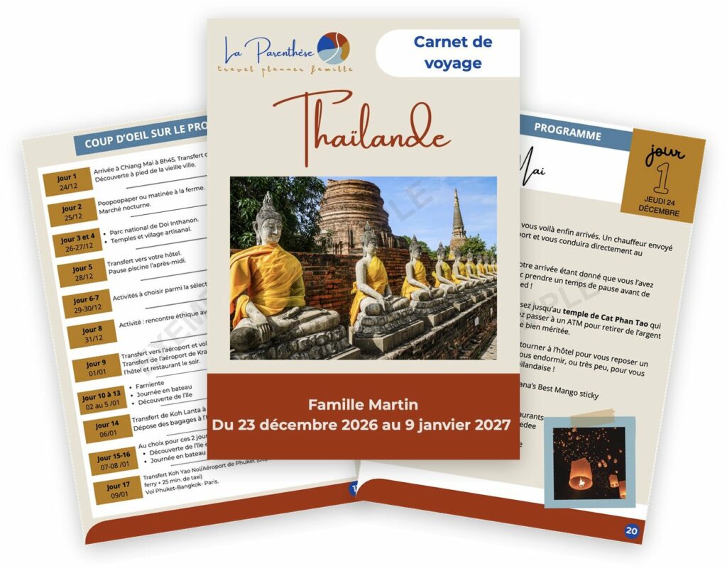 Exemple de carnet de voyage en famille en Thaïlande : couverture, programme et première journée