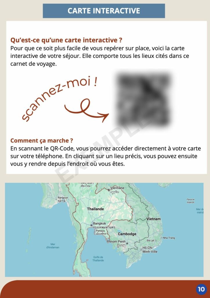 Page « Carte interactive » d’un carnet de voyage, avec un QR code vers la carte des lieux du séjour