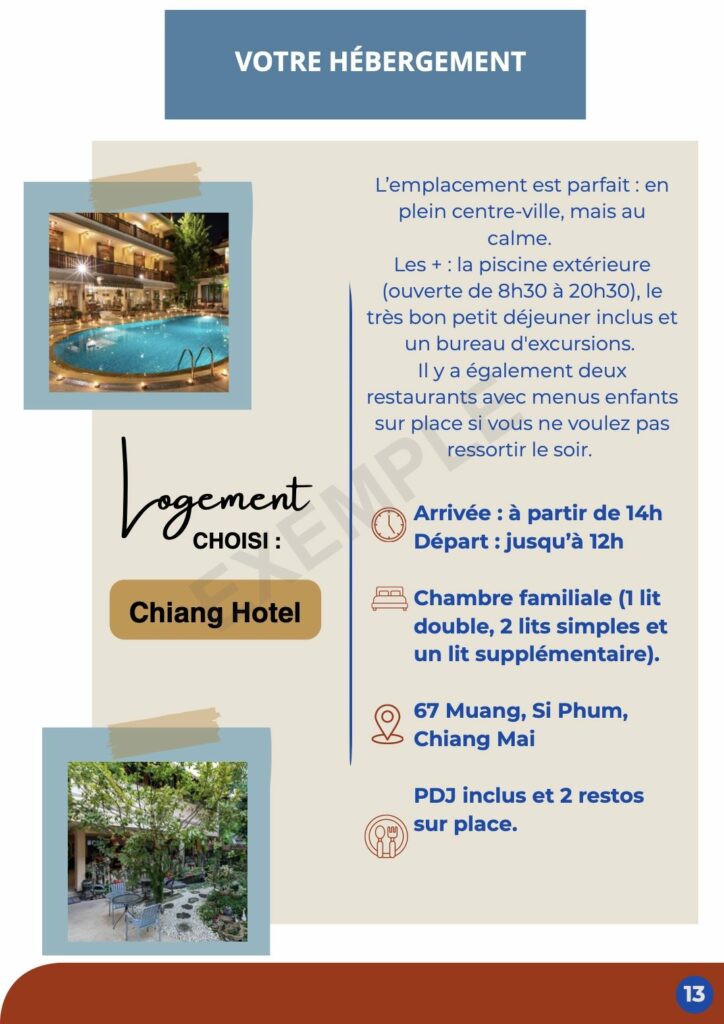 Page « Votre hébergement » d’un carnet de voyage : l’hôtel choisi à Chiang Mai et ses atouts pour une famille