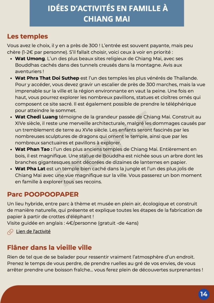 Page « Idées d’activités en famille à Chiang Mai » d’un carnet de voyage : temples, parc et vieille ville