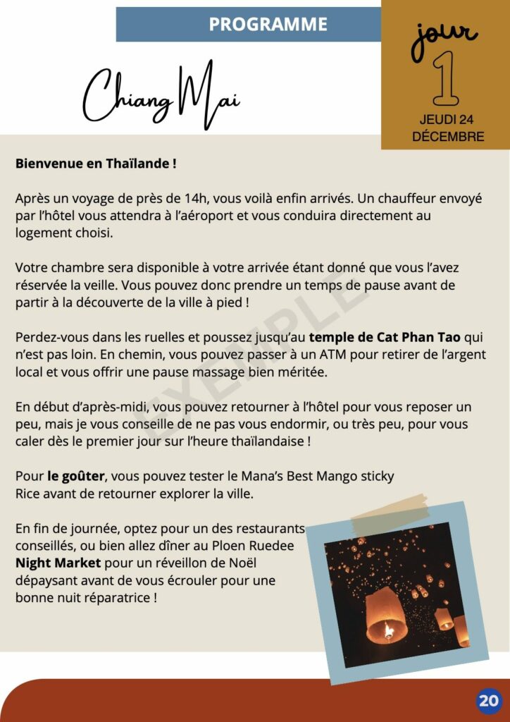 Page « Programme, jour 1 » d’un carnet de voyage : la première journée à Chiang Mai